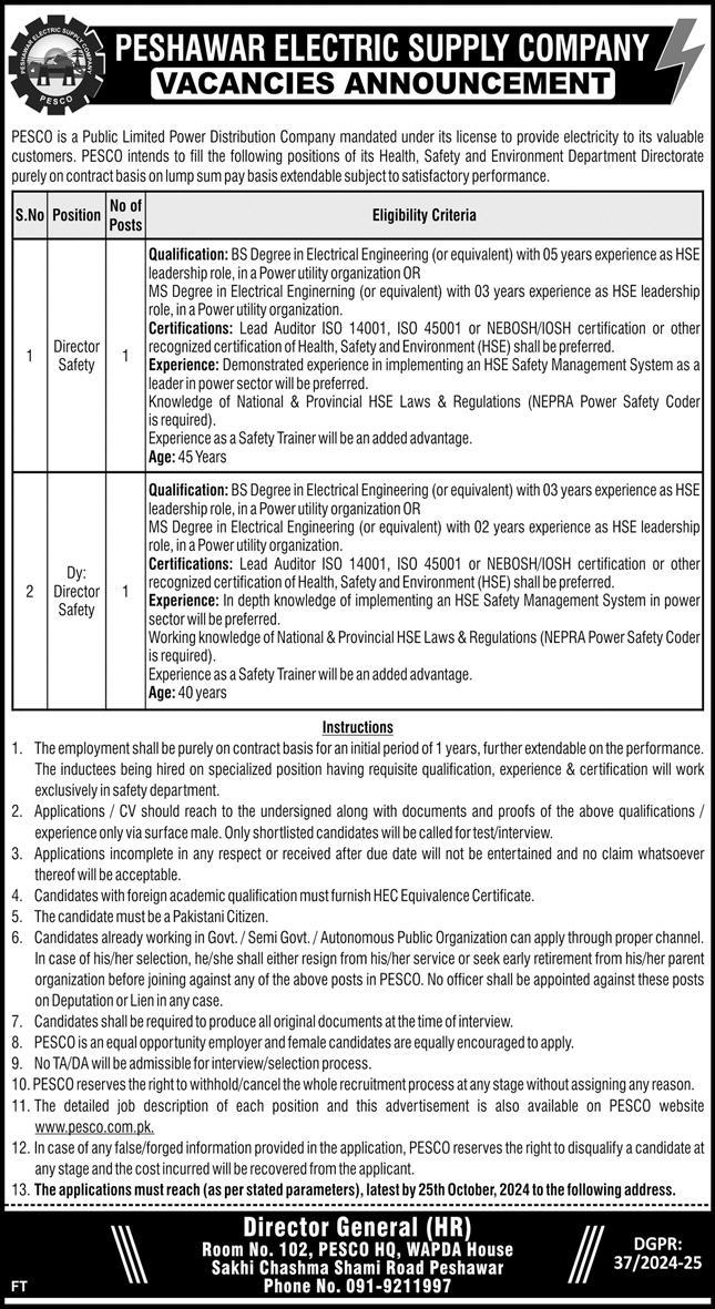 Latest Peshawar Electric Supply Company PESCO Jobs 2024 Apply Process