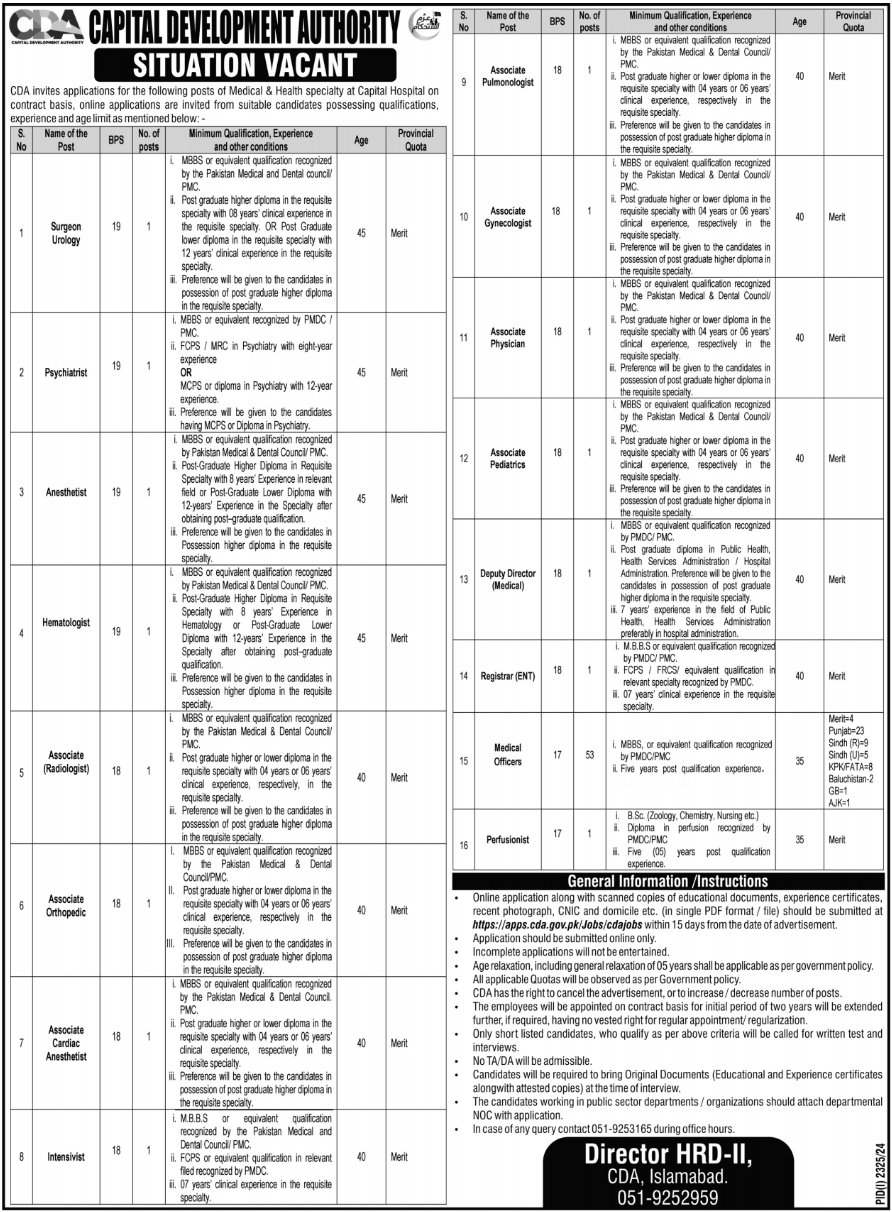 Latest Capital Development Authority CDA Islamabad New Jobs 2024 