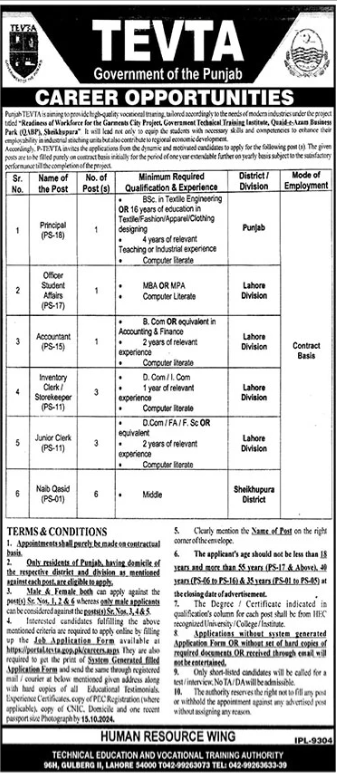 New Lahore Jobs 2024 At Technical Education TEVTA