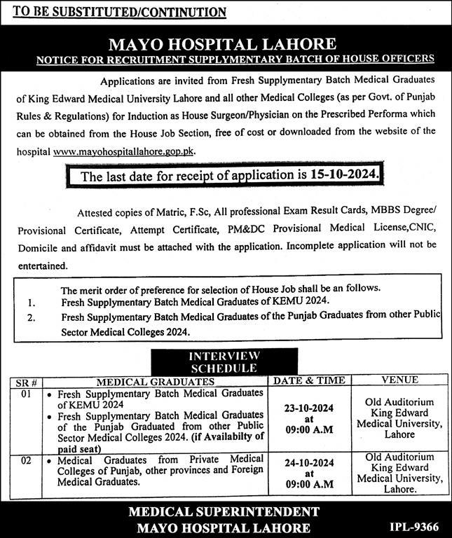 House Officer Jobs At Mayo Hospital Lahore 2024 Online Apply 