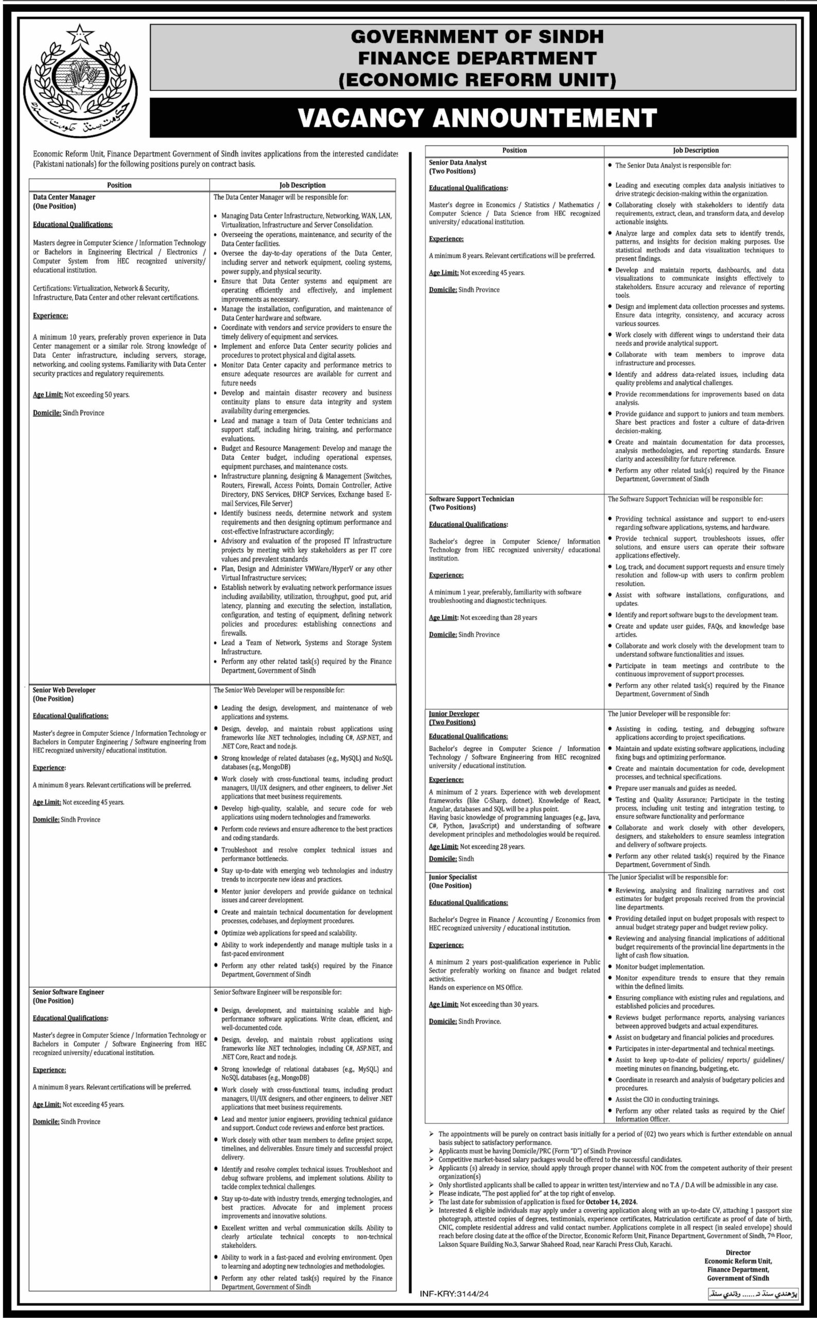 Finance Department Karachi Jobs 2024 - Economic Reform Unit ERU