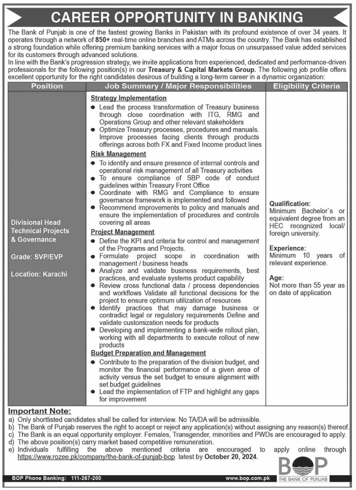 Banking Jobs in Karachi - The Bank Of Punjab BOK Jobs 2024 