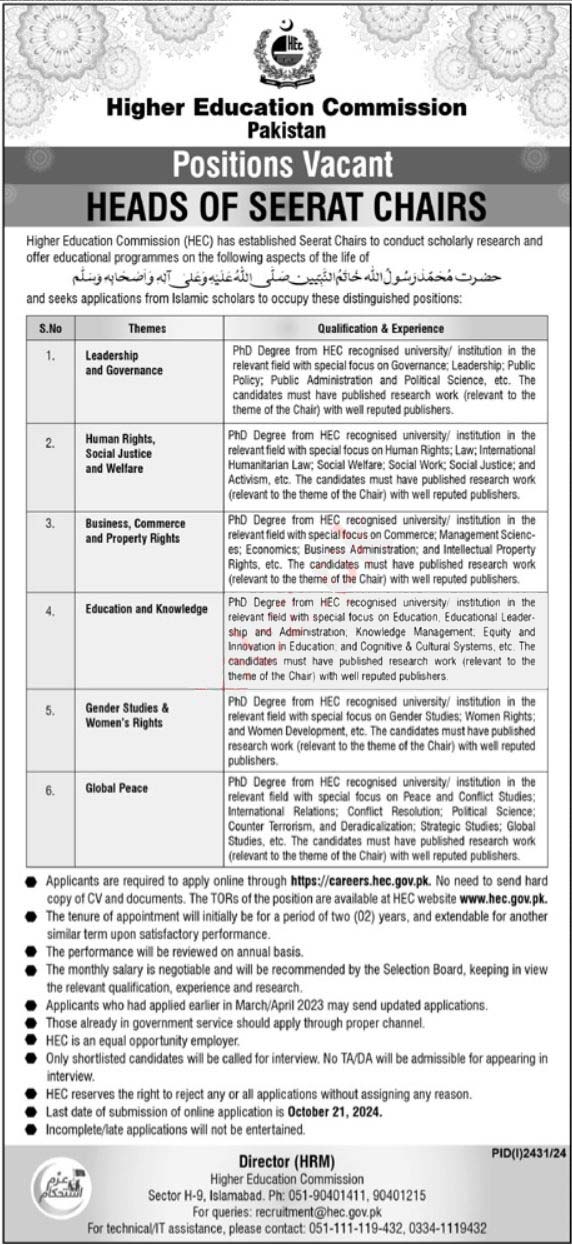 Postions Vacant At Higher Education Commission HEC Islamabad 2024