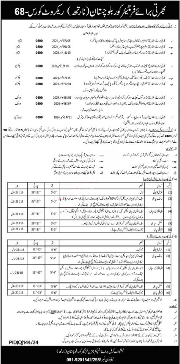 Frontier Core FC (North) Balochistan Jobs 2024 For Sipahi 