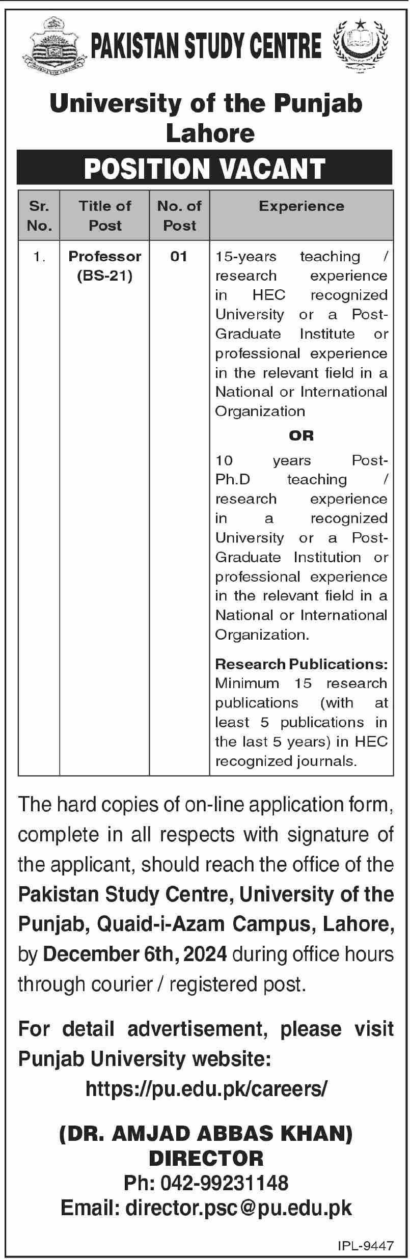 Latest University Of The Punjab PU Jobs 2024 For Professor