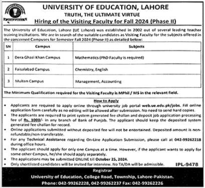 University Of Education Lahore Jobs 2024 - Hiring of The Visiting Faculty