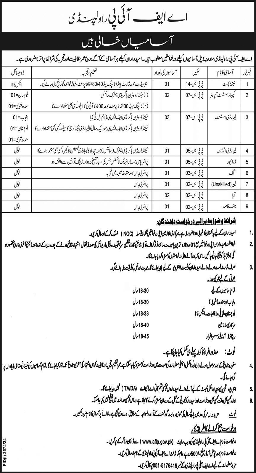 New Rawalpindi Jobs 2024 At Armed Forces Institute Of Pathology AFIP