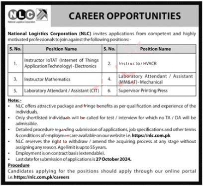 National Logistics Corporation Jobs 2024 - Apply Online At www.nlc.com.pk