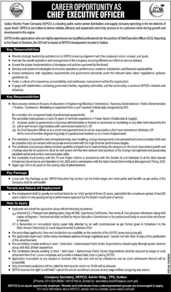 Sukkur Electric Power Company SEPCO Jobs 2024 As CEO 