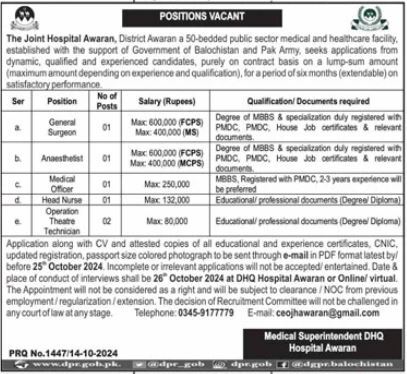 Joint Hospital Awaran Jobs 2024 For Medical Staff