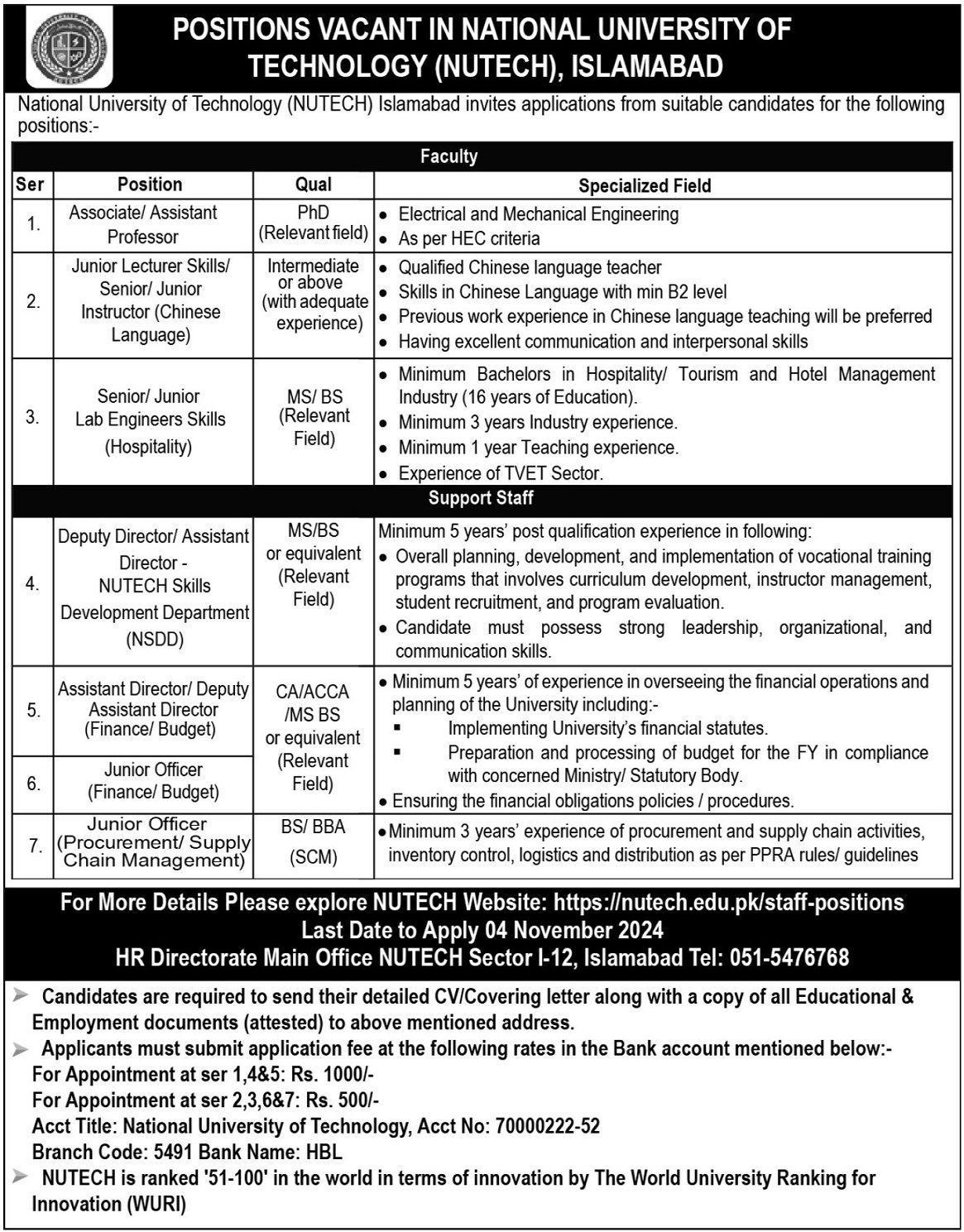 Latest Islamabad Jobs 2024 At National University Of Technology NUTECH