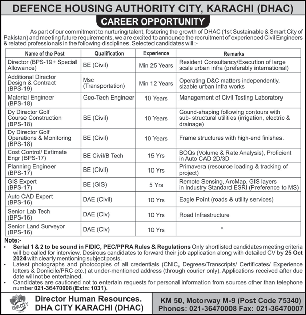 Career Opportunities At Defence Housing Authority DHA Karachi 2024