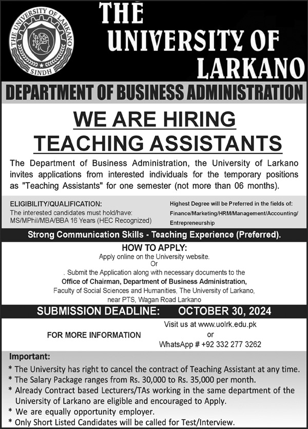 The University Of Larkano Jobs 2024 For Teaching Posts