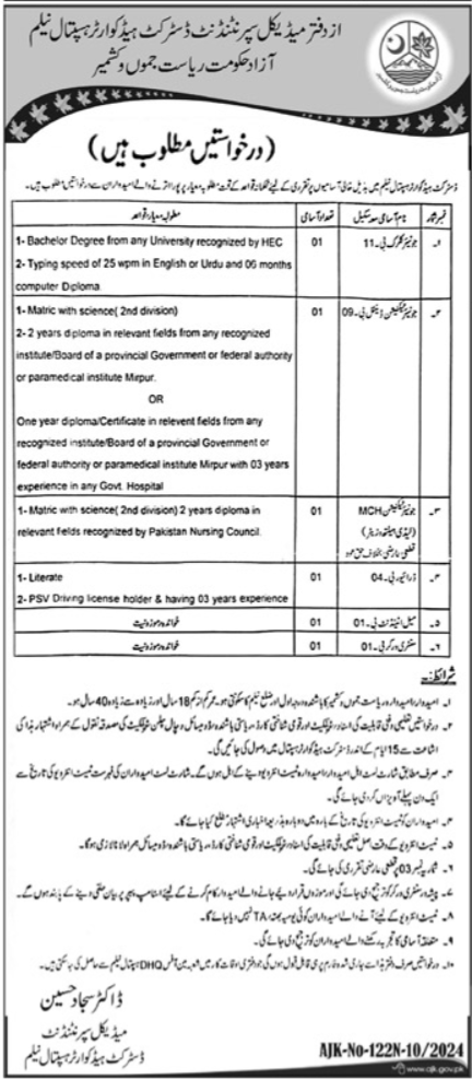 Position Vacant At District Headquarter Hospital DHQ Neelum Valley 2024