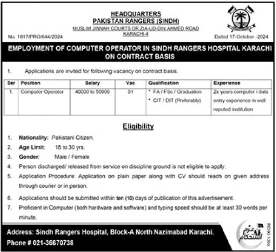 Latest Sindh Rangers Hospital Jobs 2024 For Computer Posts