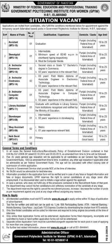 Ministry Of Federal Education MOENT Jobs 2024 Apply Online At www.nts.org.pk