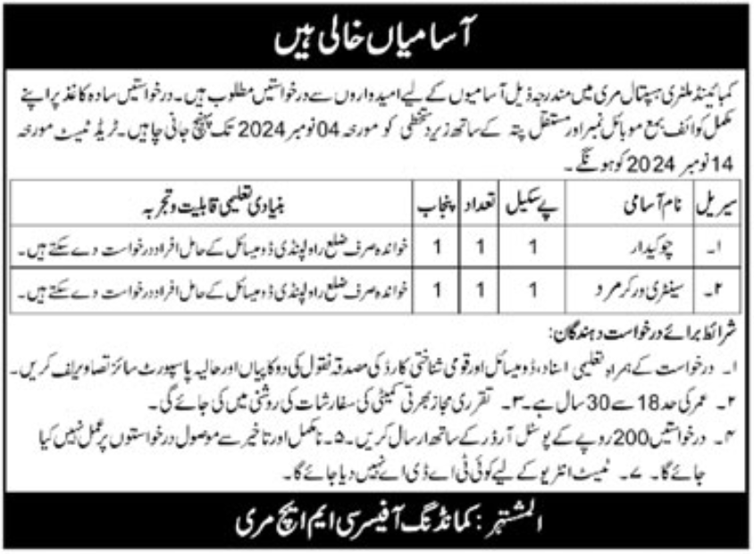 Situation Vacant At Combined Military Hospital CMH Murree 2024