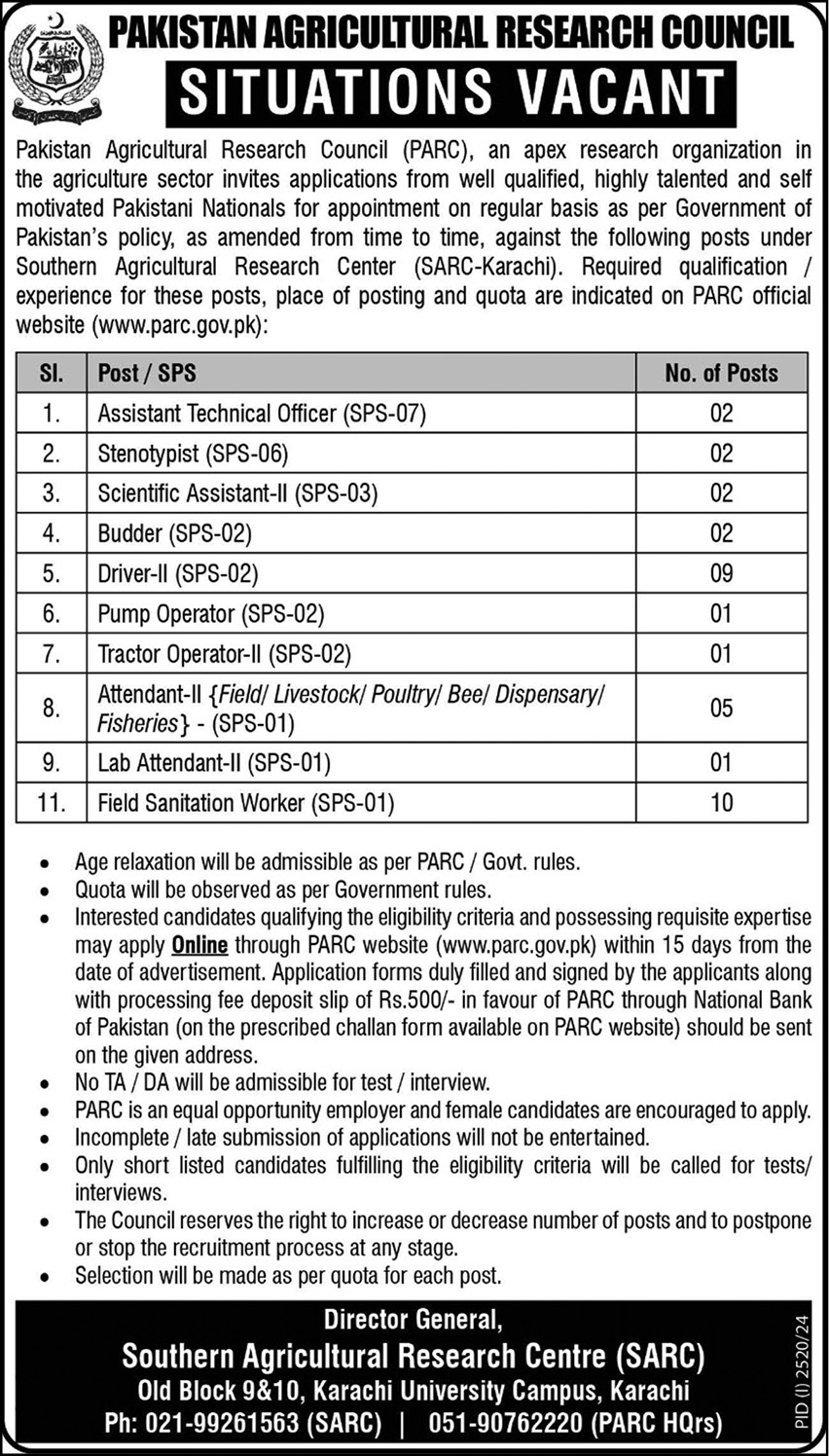 Position Avaialbe At Pakistan Agricultural Research Council - www.parc.gov.pk Jobs 2024